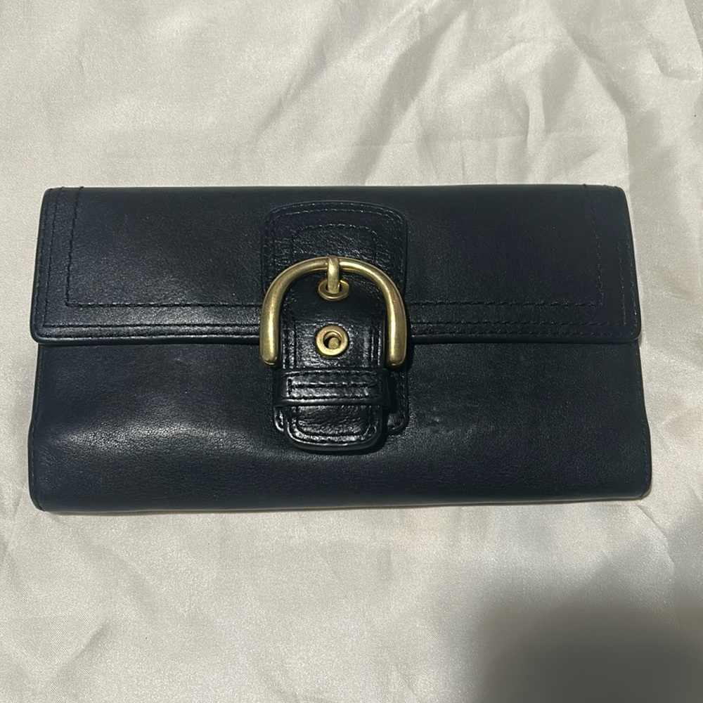 Coach Black Leather three fold wallet with Gold Buckle